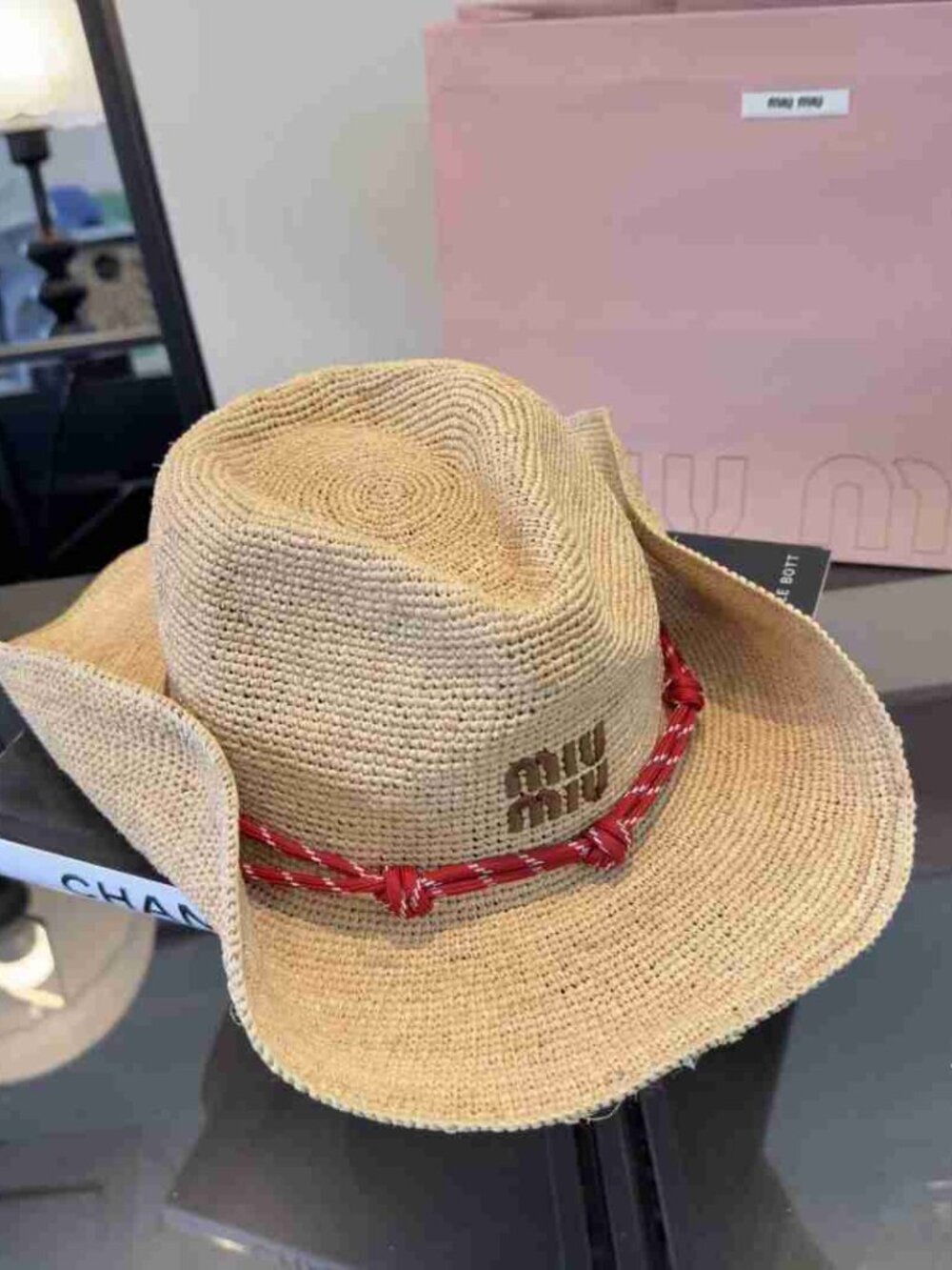 Miu Miu Wide Brim Western Sun Hat Woven Raffia Red Knot Band Resort Hat - Picture 6 of 8